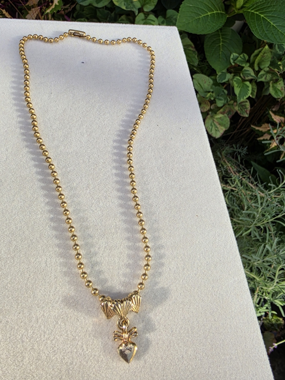 Vintage 1980s Gold Tone Ball Chain Bow Puffed Heart Necklace - Signed JC